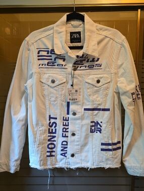 Zara White Denim Jacket with Blue Graphic Print